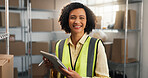 Warehouse, happy and woman with tablet for shipping, supply chain and stock checklist for delivery. Small business, portrait and person on tech for schedule, inventory and logistics for distribution