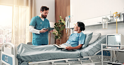 Buy stock photo Nurse, tablet and woman on hospital bed with checkup, help or explain medical research for treatment. Healthcare worker, mature person and update in clinic with tech, plan and discussion for healing.