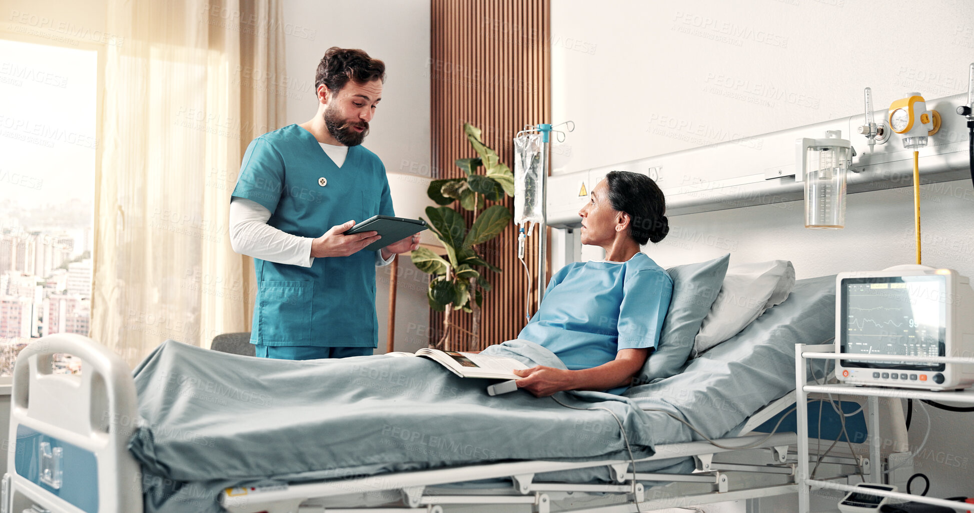 Buy stock photo Nurse, tablet and woman on hospital bed with checkup, help or explain medical research for treatment. Healthcare worker, mature person and update in clinic with tech, plan and discussion for healing.