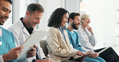 Buy stock photo Woman, medical and team in presentation with tablet, case review and discussion for clinical trial. Smile, people or reading in meeting with digital, clipboard and teamwork for healthcare improvement