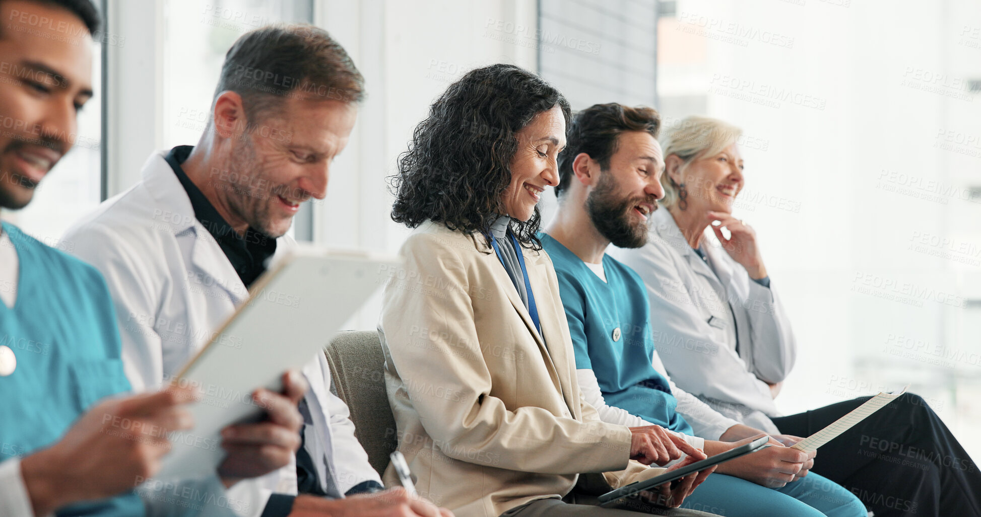 Buy stock photo Woman, medical and team in presentation with tablet, case review and discussion for clinical trial. Smile, people or reading in meeting with digital, clipboard and teamwork for healthcare improvement