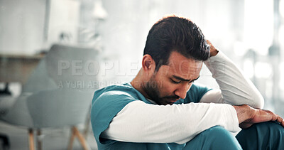 Buy stock photo Nurse, man and healthcare stress on floor for grieving loss, operation failure and shift trauma. Health intern, professional and overwhelmed in hospital for medical crisis, ethical concern and guilt