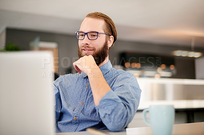 Buy stock photo Thinking, business and man on laptop in office for planning, ideas and solution of web development. Male person, thoughts and online research with problem solving, server decision and software update