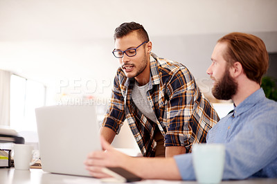 Buy stock photo Business people, laptop and men in office, planning and brainstorming for creative project. Employees, web designers and meeting in workplace, computer and ideas for social media, seo and cooperation