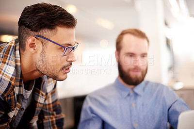 Buy stock photo Business people, laptop and men in office, planning or meeting for creative project, talking or internet. Employees, web designer or coaching in workplace, pc or discussion with research for proposal