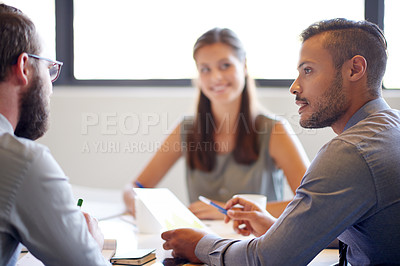 Buy stock photo Group, meeting and men with document, boardroom and collaboration for financial strategy and report. Team, business analyst and paperwork for funding opportunity, people or discussion for investment