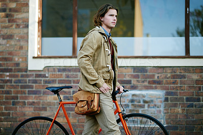 Buy stock photo Thinking, outdoor and man with bike, travel and eco friendly with logistics, urban town and healthy. Person, explore and bicycle with transportation, direction or location with commute or Netherlands