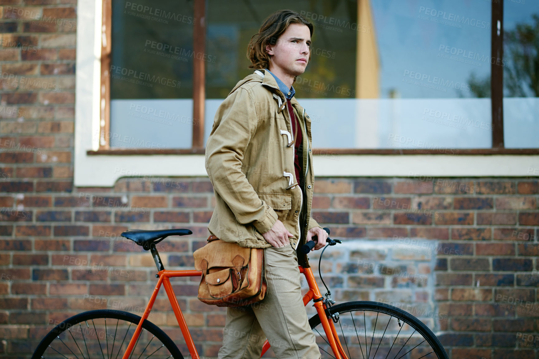 Buy stock photo Thinking, outdoor and man with bike, travel and eco friendly with logistics, urban town and healthy. Person, explore and bicycle with transportation, direction or location with commute or Netherlands