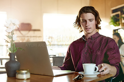 Buy stock photo Man, journalist and coffee with laptop in cafe for online research, remote business or service. Male person, copywriting or freelancer in restaurant with computer or cup for journalism or network