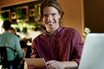Buy stock photo Tablet, coffee shop and portrait of man with laptop for remote work, seo content writer and research. Restaurant, tech and person with computer for website review, online report and freelancer career