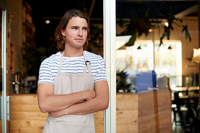 Buy stock photo Barista, man and arms crossed in cafe for thinking, vision or ideas or small business growth. Waiter, server and person in entrance of coffee shop with reflection, choice or decision for catering