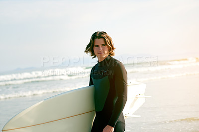 Buy stock photo Walking, ocean and man with surfboard at beach for water sports, adventure and surfing. Surfer, nature and person by waves, sea and outdoor for holiday, vacation and hobby on weekend in Portugal