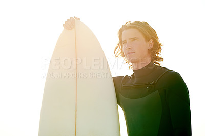 Buy stock photo Sunlight, thinking and man by beach with surfboard for surfing hobby, water sports and adventure. Flare, space and person outdoor for summer vacation, holiday and weekend in Australia by seaside