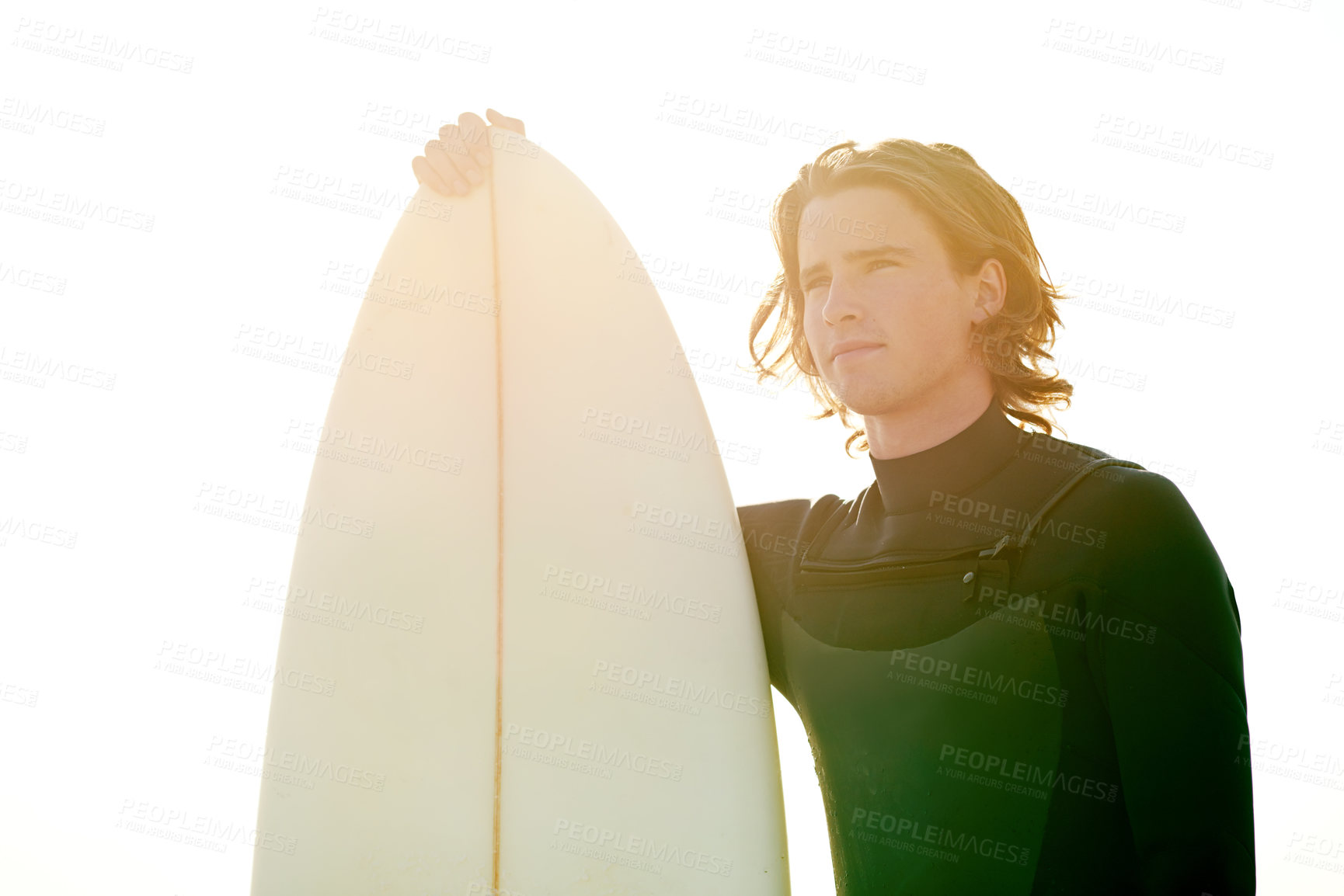 Buy stock photo Sunlight, thinking and man by beach with surfboard for surfing hobby, water sports and adventure. Flare, space and person outdoor for summer vacation, holiday and weekend in Australia by seaside