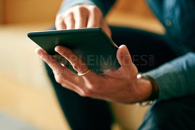 Buy stock photo Customer, hands or businessman on tablet in cafe for online profit, economy news or finance report. Closeup, check or financial investor on technology for remote work, research or investment update