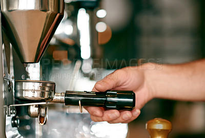 Buy stock photo Machine, hand and barista in coffee shop for brewing beans, service and grinding equipment in hospitality. Caffeine, closeup and person with tools in restaurant for espresso, order or fresh beverage