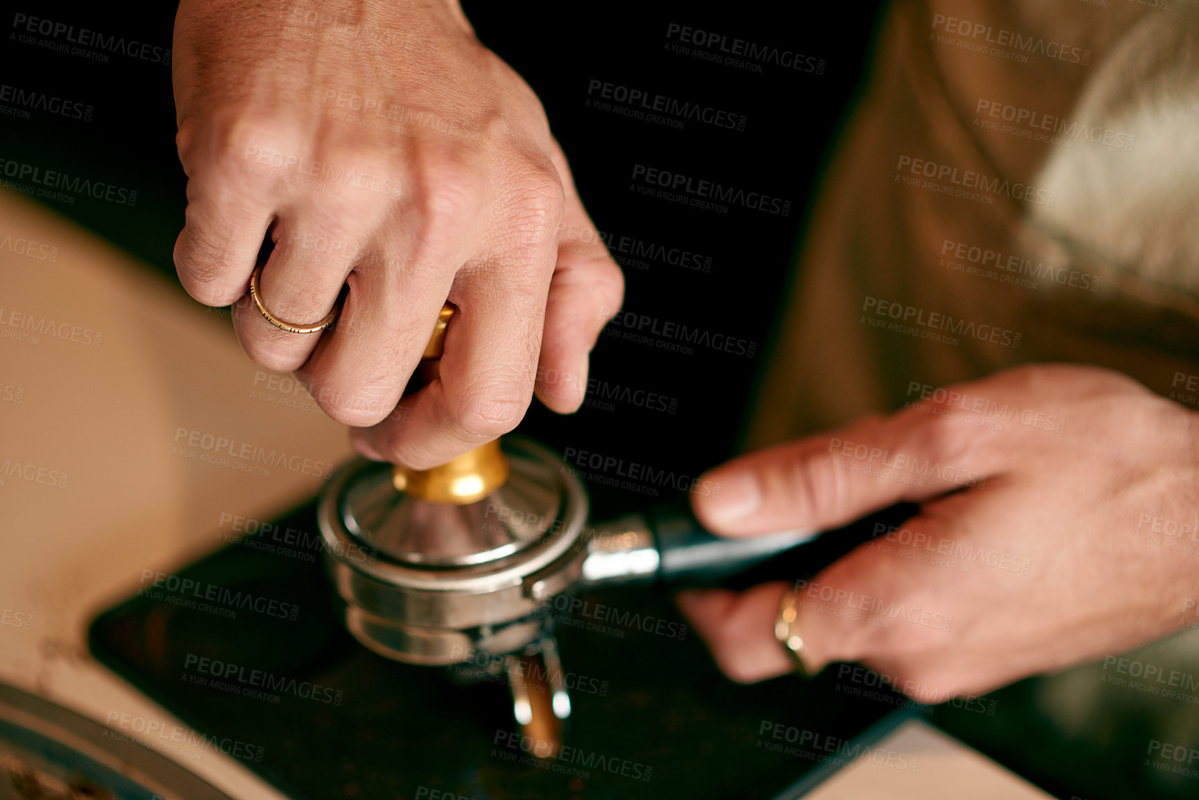 Buy stock photo Hands, filter and barista with coffee press in cafe in morning with cappuccino, latte or espresso order. Plunger, small business and closeup of person with tool for caffeine granules in restaurant.