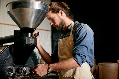 Buy stock photo Coffee machine, man and barista in cafe for brewing beans, service or grinding equipment in hospitality. Caffeine, tools and process with male waiter in restaurant for retail sale of fresh beverage