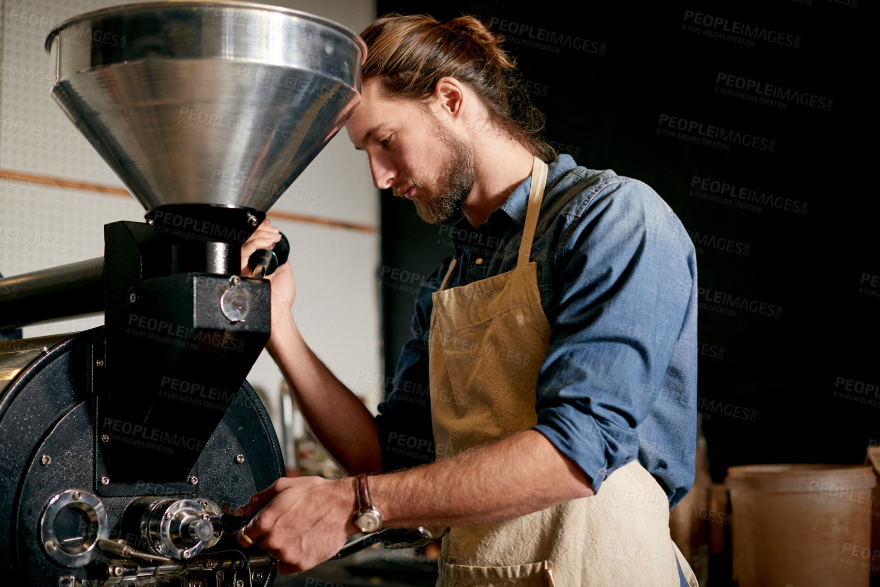 Buy stock photo Coffee machine, man and barista in cafe for brewing beans, service or grinding equipment in hospitality. Caffeine, tools and process with male waiter in restaurant for retail sale of fresh beverage