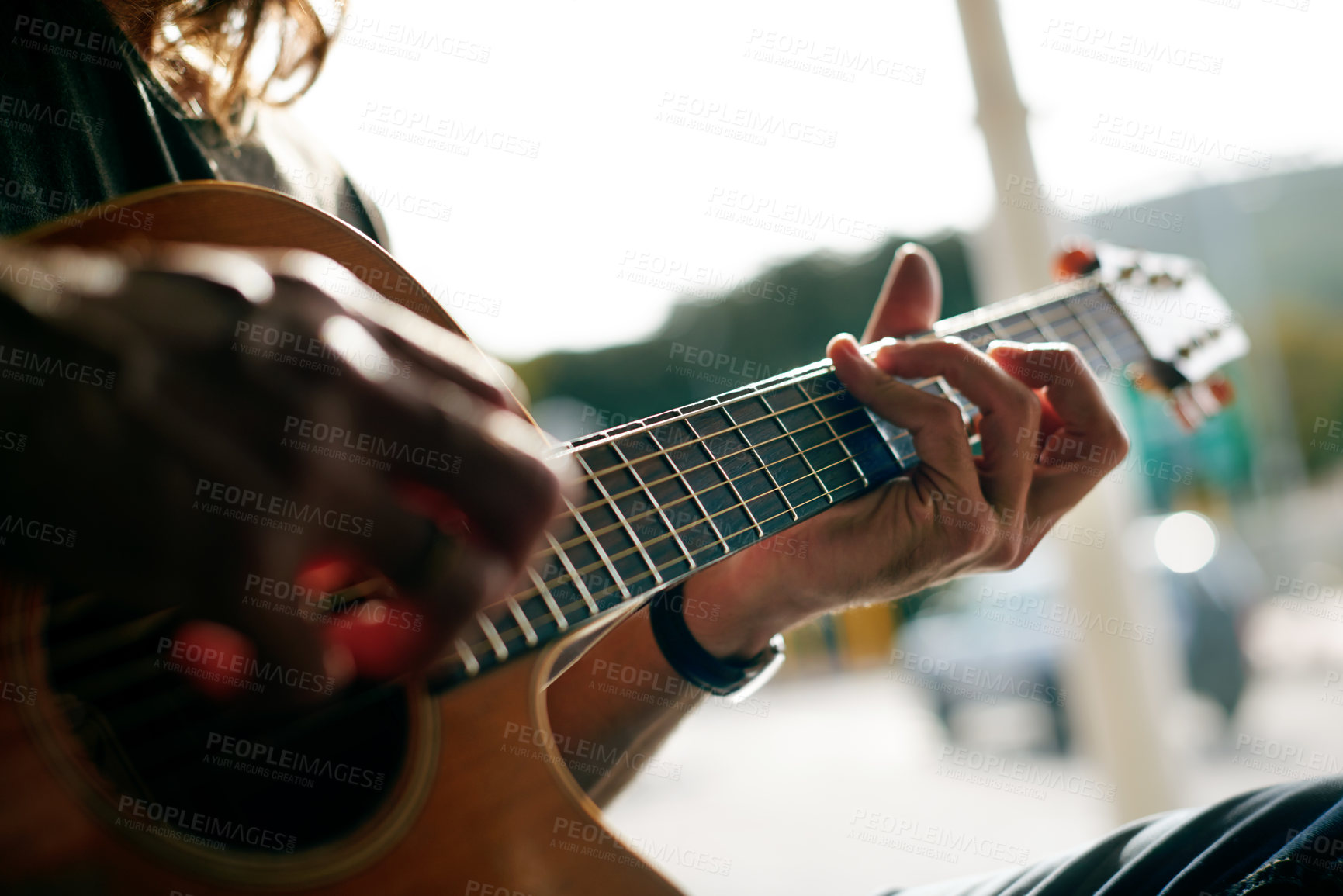 Buy stock photo Hands, person and guitar for music, talent and skills for outdoor busker. Closeup, musician and playing acoustic instrument for street performance, artist and learning notes for entertainment outside
