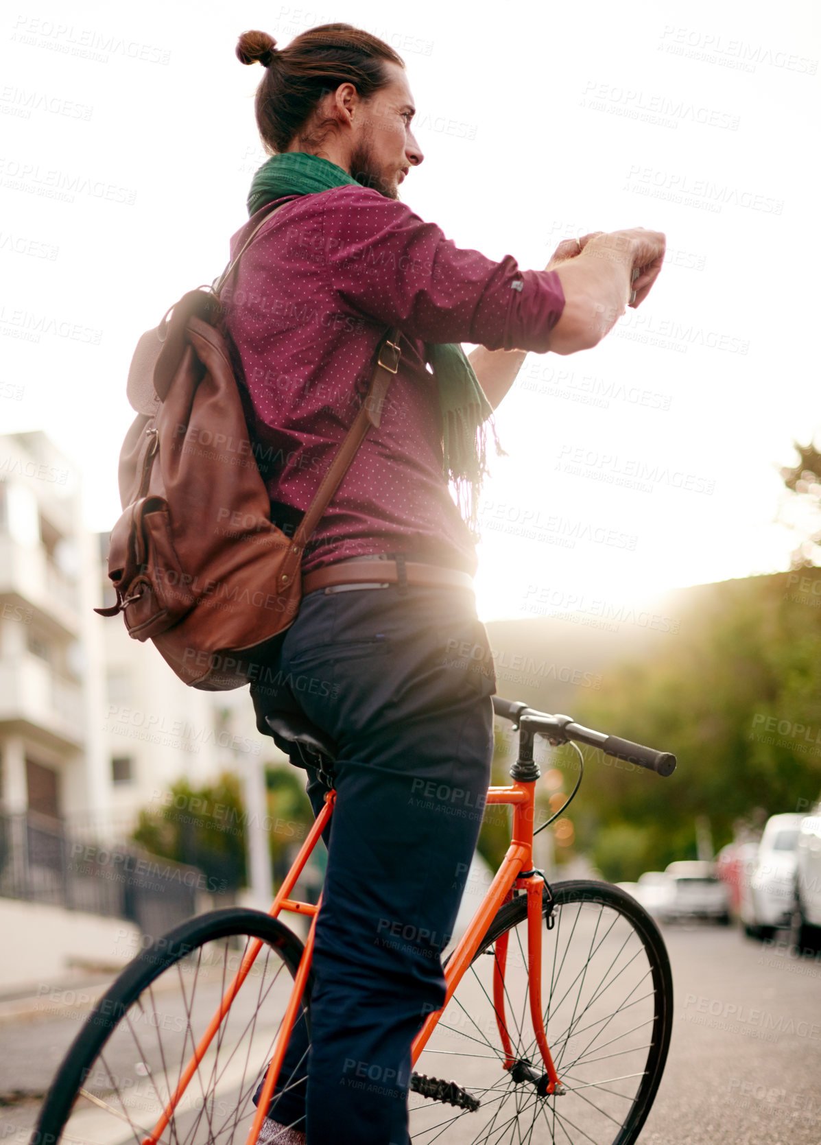 Buy stock photo Sightseeing, photography or man on bicycle in city for holiday vacation trip or tourism memory. Social media, explore or tourist in urban town with pictures for outdoor adventure or travel experience