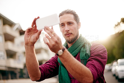 Buy stock photo Sightseeing, photography or man on adventure in city for holiday vacation trip or tourism memory. Social media, explore or tourist in urban town with pictures for outdoor post or travel experience