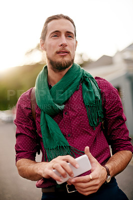 Buy stock photo Thinking, travel and man with phone in street for holiday adventure, vacation or view. Mobile, outdoor navigation or male tourist in city for tourism ideas, commute or location to explore urban town