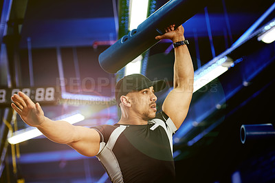 Buy stock photo Fitness, carry and man with weight equipment for training, shoulder workout or core strength in club. Athletes, lifting and people in studio with gym gear for cardio wellness, body health or balance