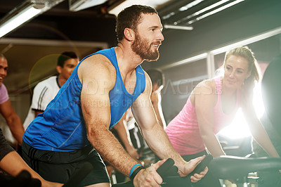 Buy stock photo Studio, spin class or people on cycling bike in training and exercise for wellness, health or fitness. Athlete, happy or active person on bicycle machine for workout, body or challenge in community