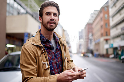 Buy stock photo App, phone and travel with man on city street, waiting for taxi commute to destination. Cab trip, ride share or thinking with business person outdoor in urban town for transport service as pedestrian