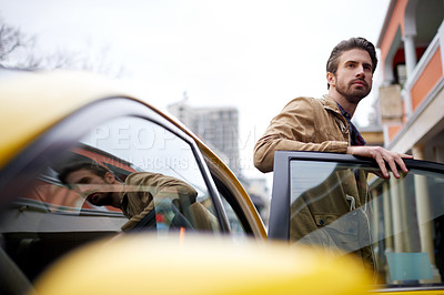 Buy stock photo Man, taxi and travel in city for business, private transport and arrive at destination. Employee, cab and commute to work in street, chauffeur service and thinking at office building with car