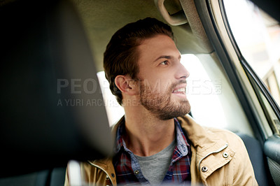 Buy stock photo Car, passenger and travel with man on journey to holiday or vacation trip for exploration. Cab, ride share or taxi with happy person in vehicle for adventure as tourist in foreign destination