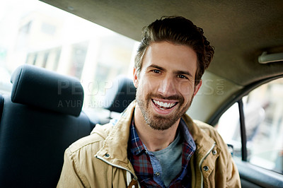 Buy stock photo Portrait, excited and man in taxi, passenger and tourism of city with public transport, car and smile. Commuting, tourist and happy person on journey in vehicle, travel and traveller in New York