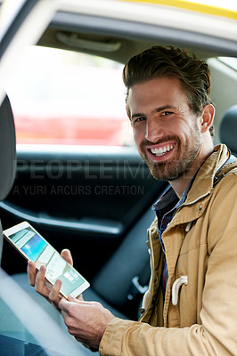 Buy stock photo Portrait, passenger and man with tablet, taxi and tourist with digital map for journey, online and smile. Commuting, travel and person with tech for directions, city and tourism with public transport