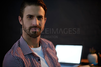 Buy stock photo Business man, night and portrait with creative space,  software development and confidence in studio. Pride, overtime and web designer, professional and frontend developer on black background in UK