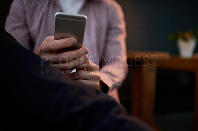 Buy stock photo Phone, hands and business man in office for email, news and journalist research online at night. Mobile, worker and chat app for communication, text message and review creative article on overtime