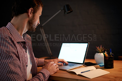 Buy stock photo Man, laptop screen and night at desk for creative project, copywriting or article deadline with content writer in office. Dark, late and typing on pc with male person, notebook and planning review