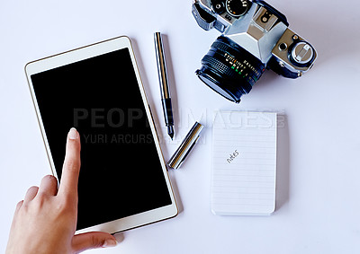 Buy stock photo Designer, hands and photographer with tablet screen, camera or notes for graphic design or editing. Top view, person and technology display with digital equipment for photography or online course
