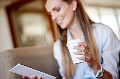 Buy stock photo Woman, hands and tablet on sofa with coffee, social media or planning in home. Girl, student and warm beverage in living room on study break, blog update or idea for creative writing assignment