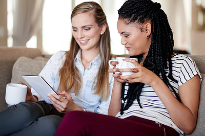 Buy stock photo Coffee, friends or women on tablet in home for online video, movies or social media post. Tea beverage, film subscription or people on technology for streaming option, series or show to relax on sofa