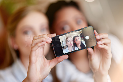 Buy stock photo Women, portrait or hands with phone camera for selfie picture or photography together in home. Female people, friends or capture moment with pout or screen for bonding memory or social media in house
