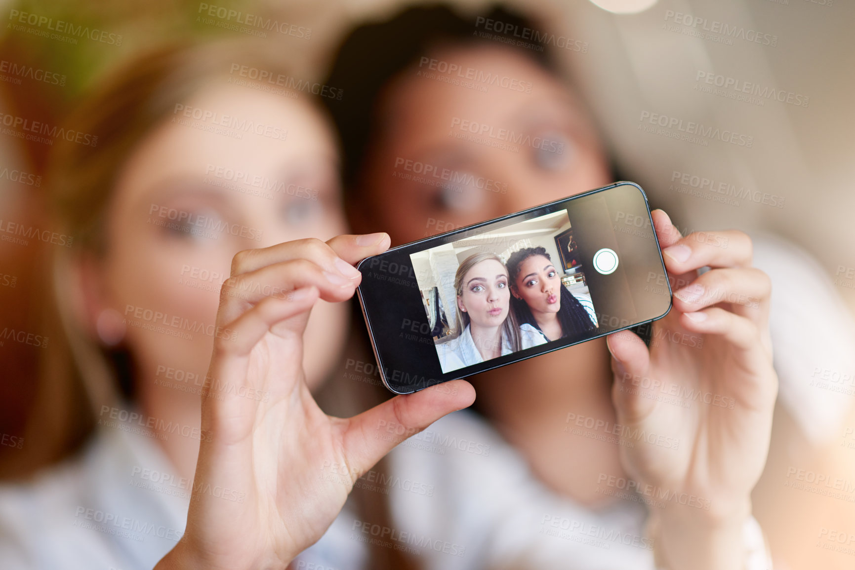 Buy stock photo Women, portrait or hands with phone camera for selfie picture or photography together in home. Female people, friends or capture moment with pout or screen for bonding memory or social media in house
