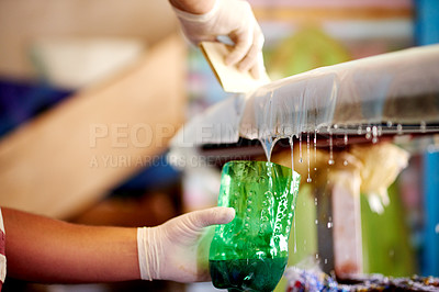 Buy stock photo Resin, process and hands with surfboard, fiberglass and creativity for skills, talent and hobby. Gloves, artist and production with workshop for design, manufacturing or custom work for artisan craft