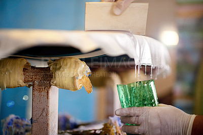 Buy stock photo Resin, PPE and hands with surfboard, fiberglass and creativity for skills, talent and hobby. Gloves, artist and entrepreneur with workshop for design, manufacturing or custom work for artisan craft