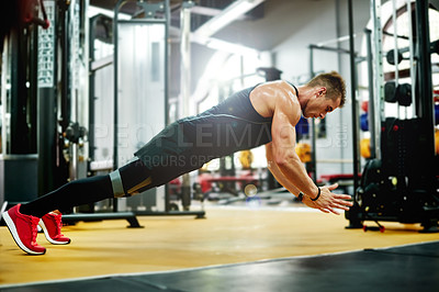 Buy stock photo Man, fitness and clapping with push ups in gym for workout, exercise or extreme training. Active, male person or bodybuilder lifting body weight for chest, muscle gain or endurance in health club