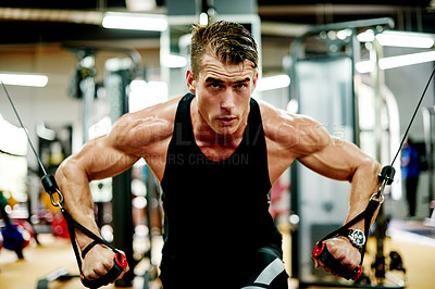 Buy stock photo Training, man and machine for bodybuilder, workout and exercise in gym for health and power. Sport person, weightlifting and performance for muscle development, challenge or fitness for wellness