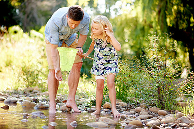 Buy stock photo Nature, bonding and child with father by pond for adventure, holiday and curiosity. Forest, entomology and girl with net, dad and conservation or vacation and rocks in woods with learning or explore