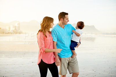 Buy stock photo Travel, parents and walking with baby on beach for holiday adventure, bonding together or trust. Love, family and stroll with boy child on seashore for vacation, weekend break or relationship support