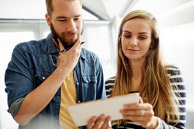 Buy stock photo Collaboration, design and tablet with business people in office together for creative brainstorming. App, development and productivity with employee team in designer workplace for conversation