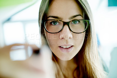 Buy stock photo Creative woman, portrait and schedule planning with glasses in office for project ideas or tasks. Face, female person or planner with reminder for company strategy or brainstorming in workplace